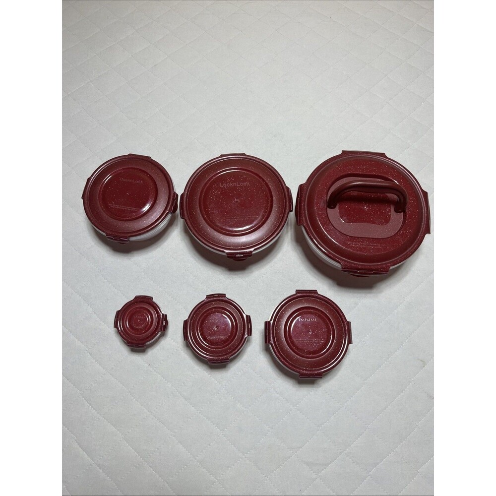 Lock & Lock 6-Pc Nesting Storage Bowl Set w/ Handle Round Red Food Storage NOS!